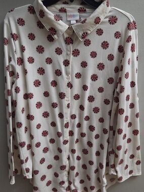 LuLaRoe Large- Valentina Cream Fireworks Long Sleeve Soft Button Down